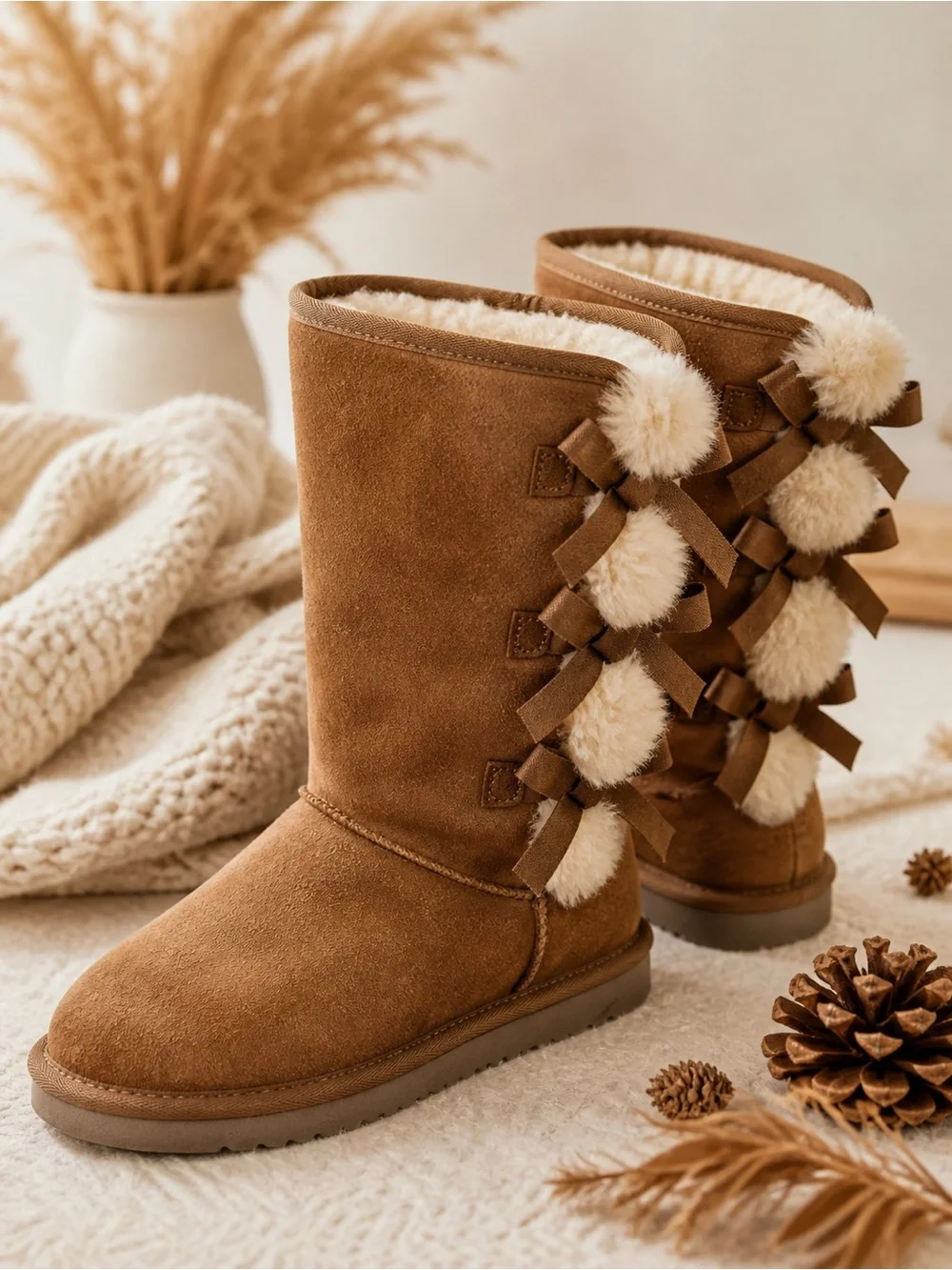 Koolaburra by UGG Victoria Tall Pom Pom Bow Boots Chestnut Suede Women’s 10